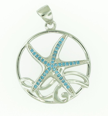Solid 925 Sterling Silver Natural Blue Topaz Women's Starfish Wave Pendant 
