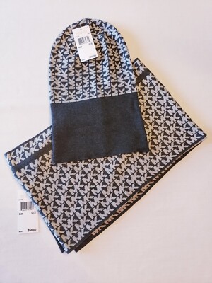 Michael Kors Scarf Hat 2pc Set One Size MK LOGO Gray/Dark
