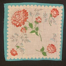 Vintage Cotton Hankie Pocket Scarf Square Red Peony Flower Turquoise 12"