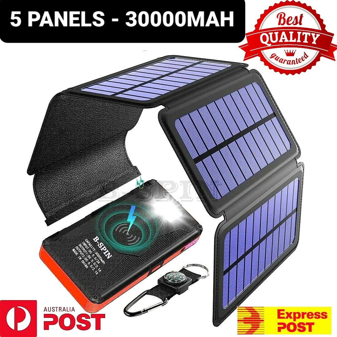 Solar Power Bank Waterproof Wireless 30000mAh Fast charger 2 USB 5 PANELS
