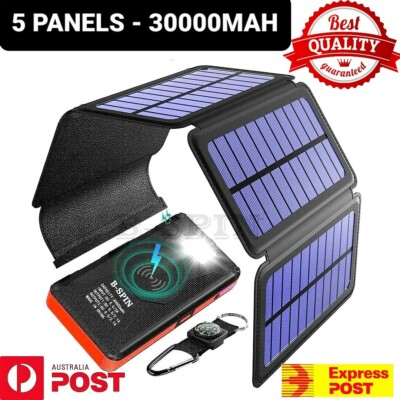 Solar Power Bank Waterproof  30000mAh  Wireless Fast charger 2 USB 5 PANELS AU