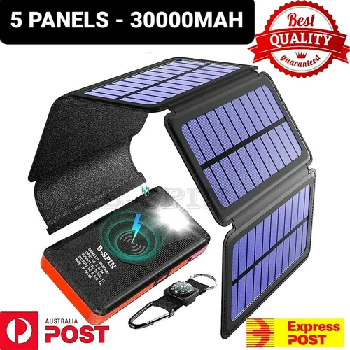 Solar Power Bank Waterproof  Wireless  30000mAh   Fast charger 2 USB 5 PANELS