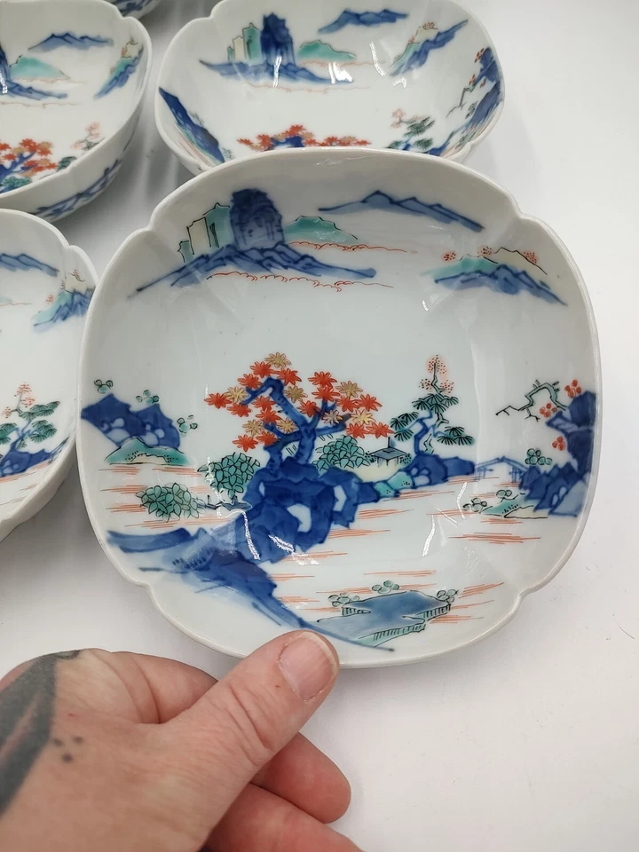 Antiguo Juego de 6 Cuencos de Porcelana Período Meiji Kakiemon Montaña Paisaje Japón  Foto 4 de 4