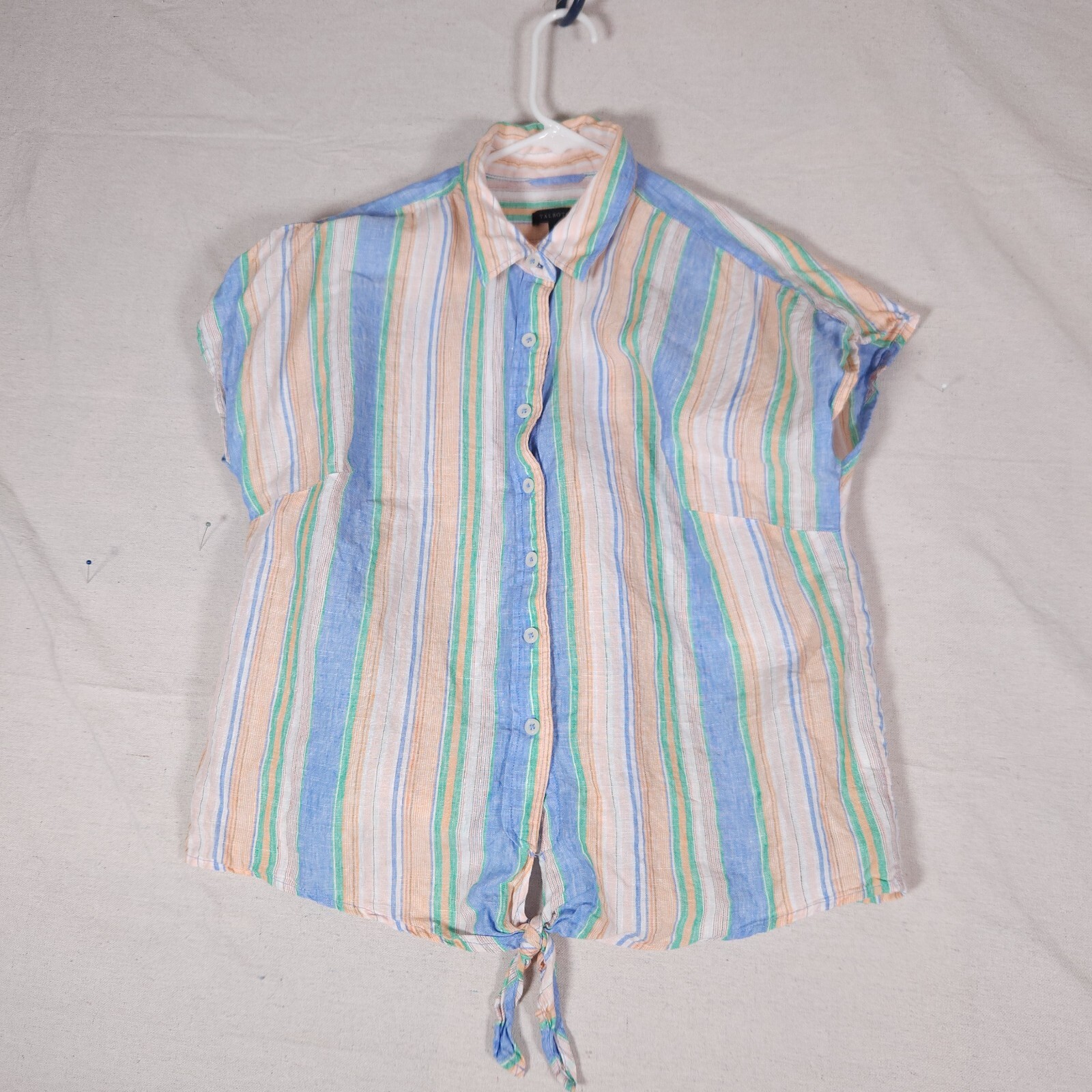 Talbots Linen Button Front Shirt Womens Medium Short Sleeve Tie Hem Striped