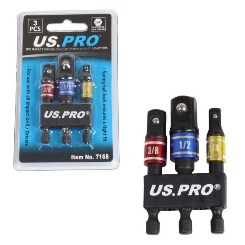 US PRO Tools 3pc Impact Driver Colour Coded Socket Adaptors 7168 - Image 6