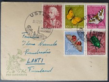 Schweiz, Pro Juventute 1957 Markensatz auf dem Brief nach Finnland