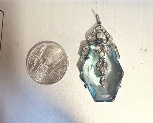 vintage art deco blue glass pendant rhinestones and stirling silver 1.6 x 0.87 - Picture 4 of 4