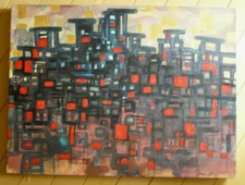 MYSTERY ABSTRACT ABSTRACTION OIL RED BLACK CITYSCAPE CUBISM CUBIST DOWNTOWN MOD