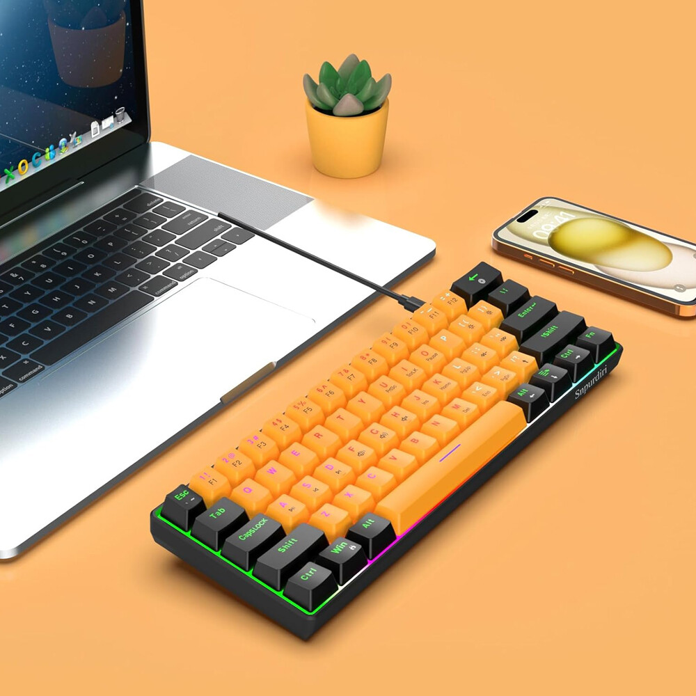 Snpurdiri 60% Wired Gaming Keyboard Color LED Backlit 61 Brown Switches Keys