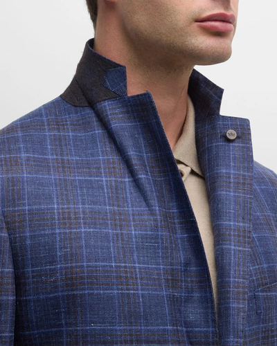 $1295 42L Peter Millar Lowel Plaid Sport Coat Navy Blue Wool Silk Linen Blazer - Picture 4 of 14