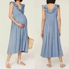 Hatch The Sarah Midi Dress Size 0 XS Maternity Blue Ruffle Gauzy Cotton Cottage