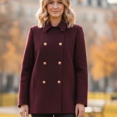  ZARA Double Breasted  Wool Blend Burgundy Coat Jacket Size M Pockets 