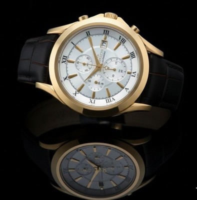 HISLON Chronograph Gold-Optik Weißes Zifferblatt Lederarmband - NEU & OVP - 2 Ja