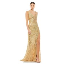 Mac Duggal 5473 Dress Womens Size 12 Gold Floral Sequin Beaded V-Neck Gown 598