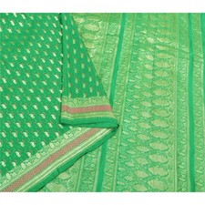 Sanskriti Vintage Indian Green Sarees Pure Satin Zari Woven Brocade Sari Fabric