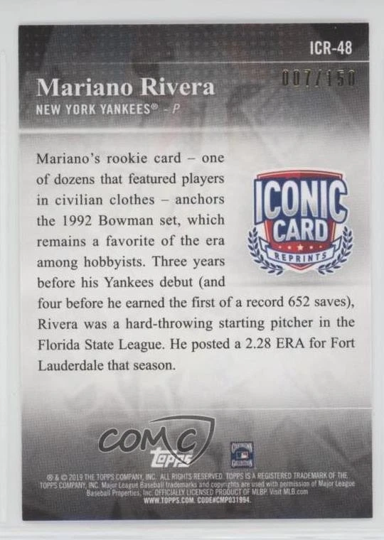 2019 Topps Iconic Card Reprints 150th Anniversary /150 Mariano Rivera HOF - Image 2 of 2
