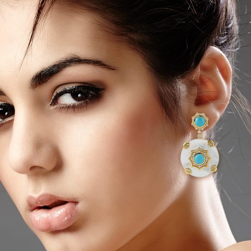 Elegant Blue Turquoise & Mother of Pearl Dangle Earrings with Diamond 18k Gold - Picture 2 of 6