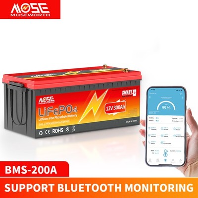 LiFePO4 Akku 12V 300Ah Bluetooth Lithium-Batterie 200A BMS 3840WH Power Boot