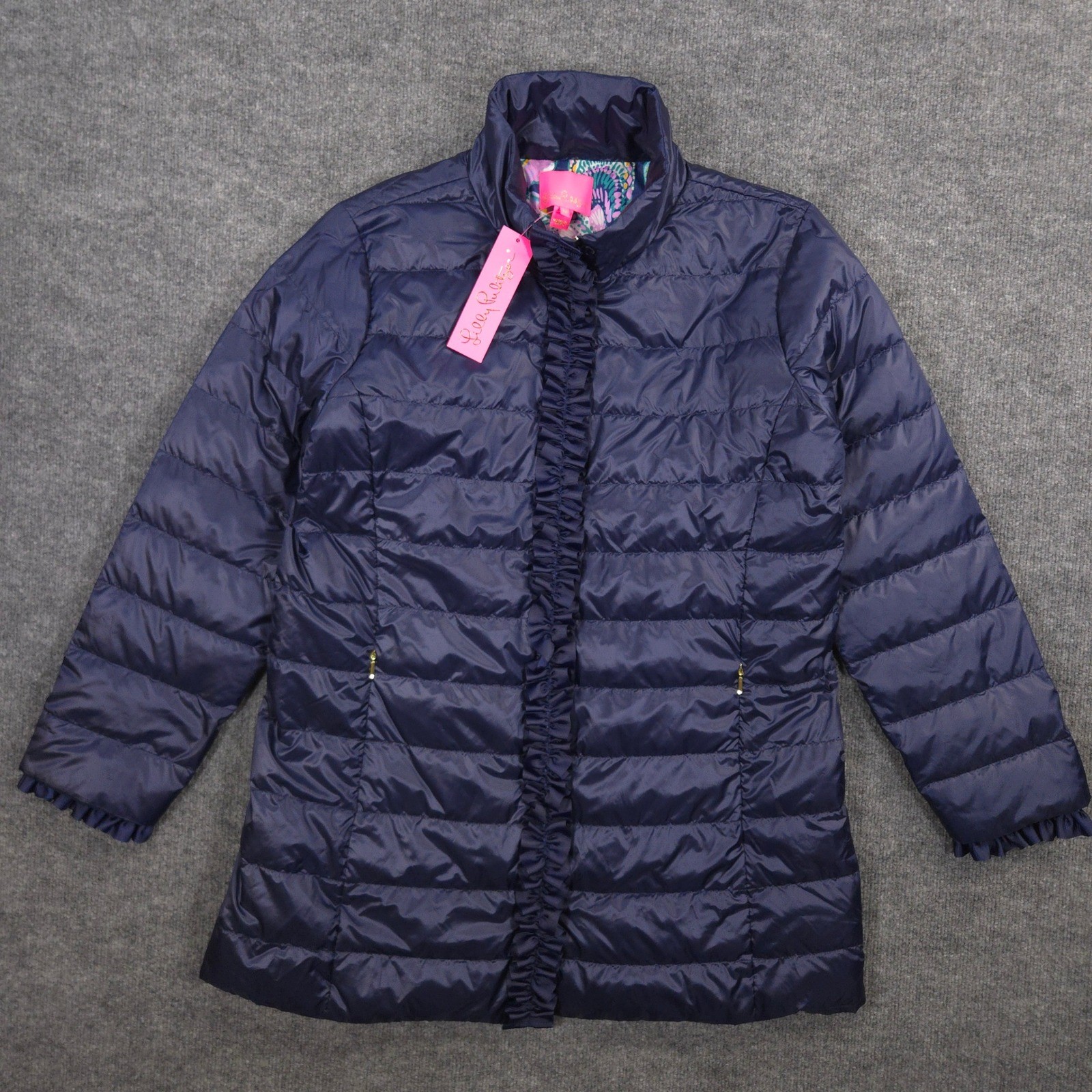 Lilly Pulitzer Doria Jacket Womens 16 True Navy Down Puffer Quilted Gold Zippers