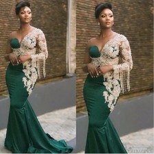 Emerald Green Prom Dresses Pearls Tassel Lace Applique Mermaid Satin EveningGown