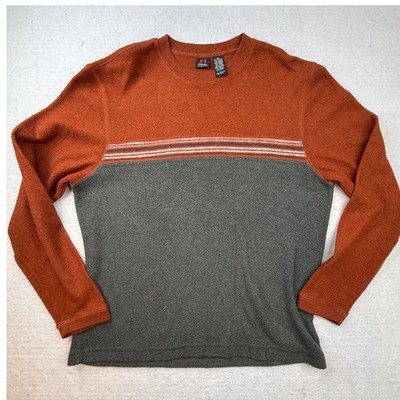 Emergency Exit Mens Crew Neck Sweater Orange Grey Striped Size L Y2K 90s