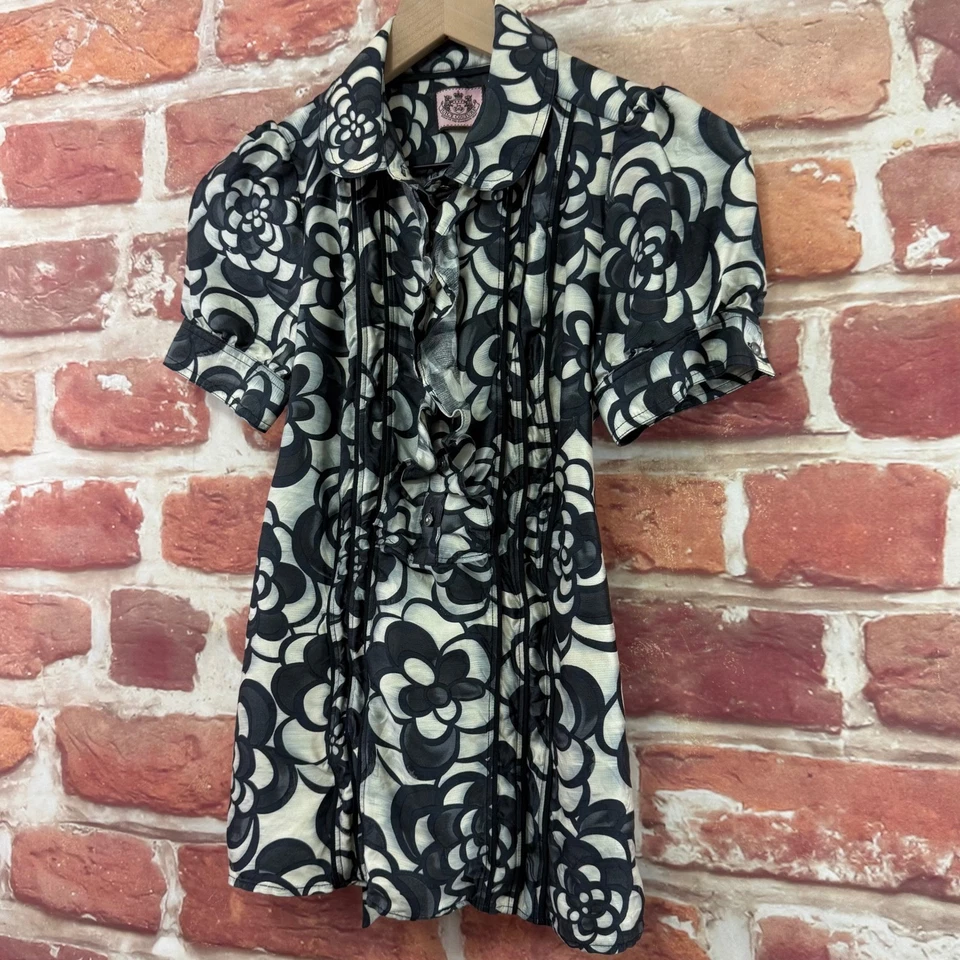 Juicy Couture Топ женщин 4 серый черный белый цветочный абстрактный 100% шелк рубашка - Изображение 3 из 4