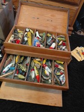 Antique Tackle Box Full Of Antique Fishing Lures & Reels Creek Chub Heddon Etc