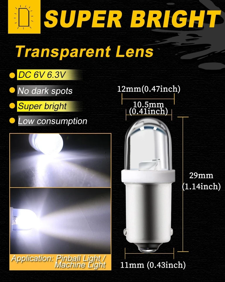 Qasim LED 6V 6.3V DC BA9S GE44 47 Pinball LED Light Bulb 53 57 1895 1891 64111 f - Image 3 of 4