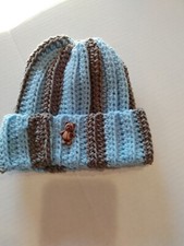 Crochet Baby 0-6m Striped Cuffed Beanie Hat With Teddy Button