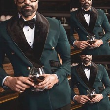 Army Green Men Suit Double Breasted Velvet Collar Formal Wedding Tuxedo 2 Pieces