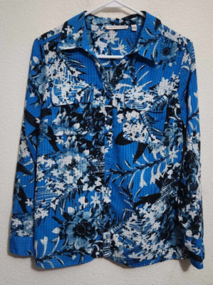 Notations Women's Small Button-Up Floral Print Collared Blouse Blue Multicolor