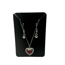 Silver Heart Pendant Necklace  Earrings Set With Red Crystal