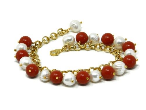 Bracciale charms palline di pasta di corallo rosso Sardegna e perle bianche - Picture 6 of 6