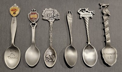 6 Vintage FORT Pewter Souvenir Spoons Bermuda St Thomas W Virginia DC