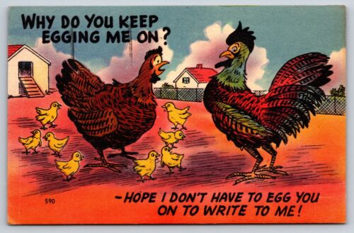 Vintage Why Do You Keep Egging Me On Humor Leinen Postkarte D12 - Bild 1 von 2