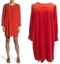 Madewell Daybreak Eyelet Empire Waist Peasant Dress Linen Blend Orange Red Sz S