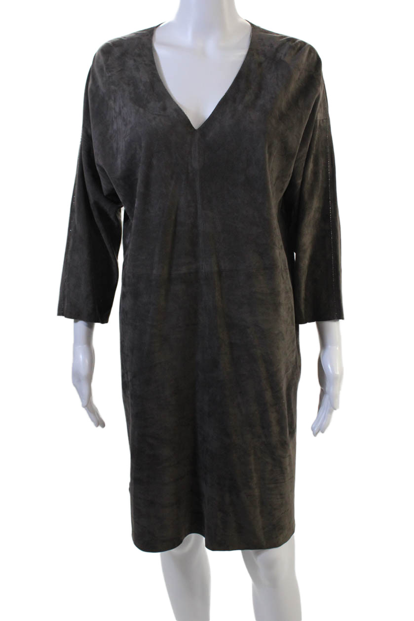 Fabiana Filippi Women Shift Dress Dark Gray VNeck 3/4 Sleeve Knee Length Size SFree Shipping in US $100+ Orders | $6.95 Orders Below