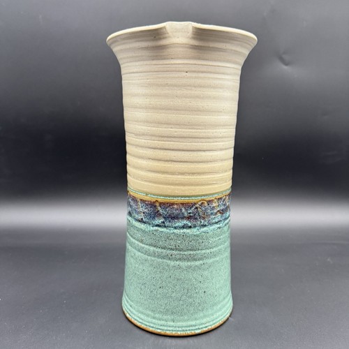 Studio Pottery Vase 11.5” Color Block Turquoise Beige Signed WC - Picture 4 of 12