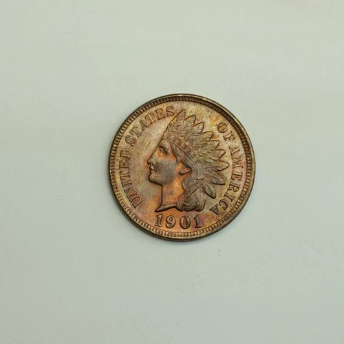1901 Indian Head Cent Penny, Lustrous Choice BU Toned