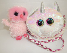 TY Beanie Boos - TWIGGY the Pink Owl (Glitter Eyes) + Unicorn Purse Lot 