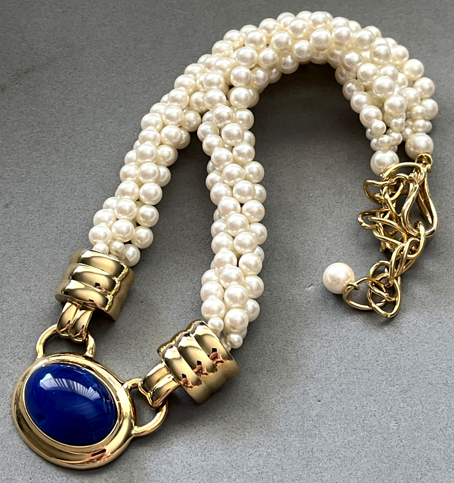 Vintage MARVELLA Twisted 4-Strands Faux Pearl & Lapis Lazuli Statement Necklace