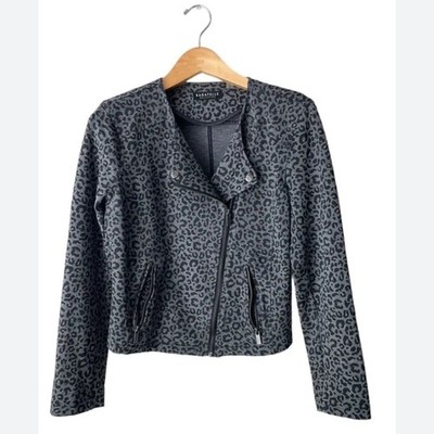 Bagatelle Collarless Gray Black Cheetah Jacket Asymmetrical Front Zip - Size M