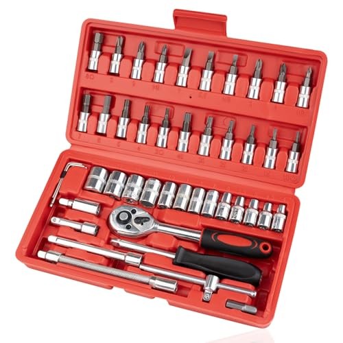 46PCS 1/4 Inch Metric Socket Set with Ratchet Wrench & Screwdriver Bits