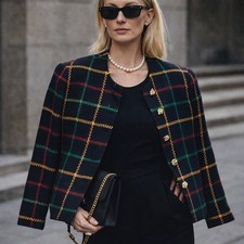 Talbots Wool Plaid Blazer Womens 10 Black Gold Button Preppy VTG 90s Chic CBK
