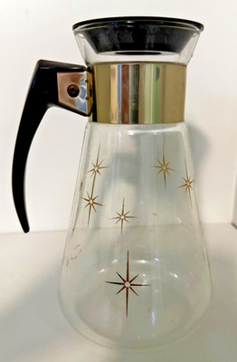 Vintage 6 Cup Corning Ware Atomic Starburst Gold Trim Glass Coffee Carafe W/Lid