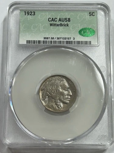1923 5C CAC AU58 Buffalo Nickel - Witterbrick, About Uncirculated