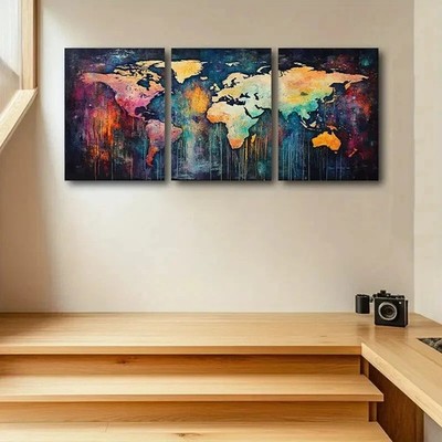 3pcs Watercolor World Map Design Metal Print Ready to Hang Art