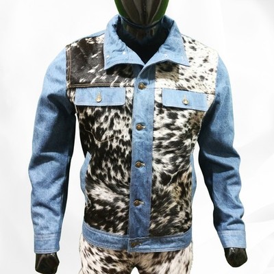Demin Jacket Men Cowhide Genuine Leather Body Denim Sleeves Animal Print Cowskin
