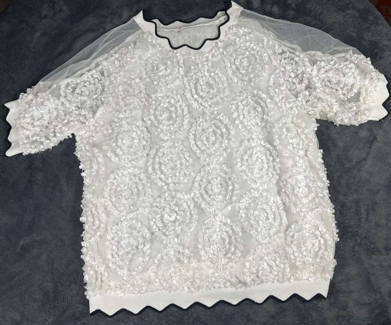 Cream Sheer Rosette Top with Black Embrodiered Lining Women's Size S