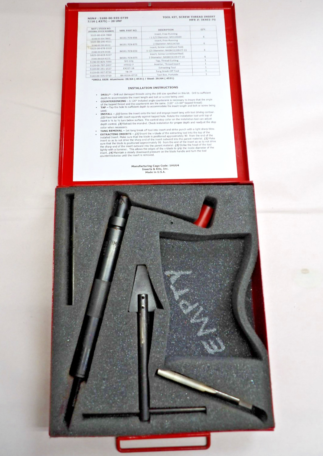 New Helicoil Threaded Insert Installation Kit Thread Size: 7/16"-20